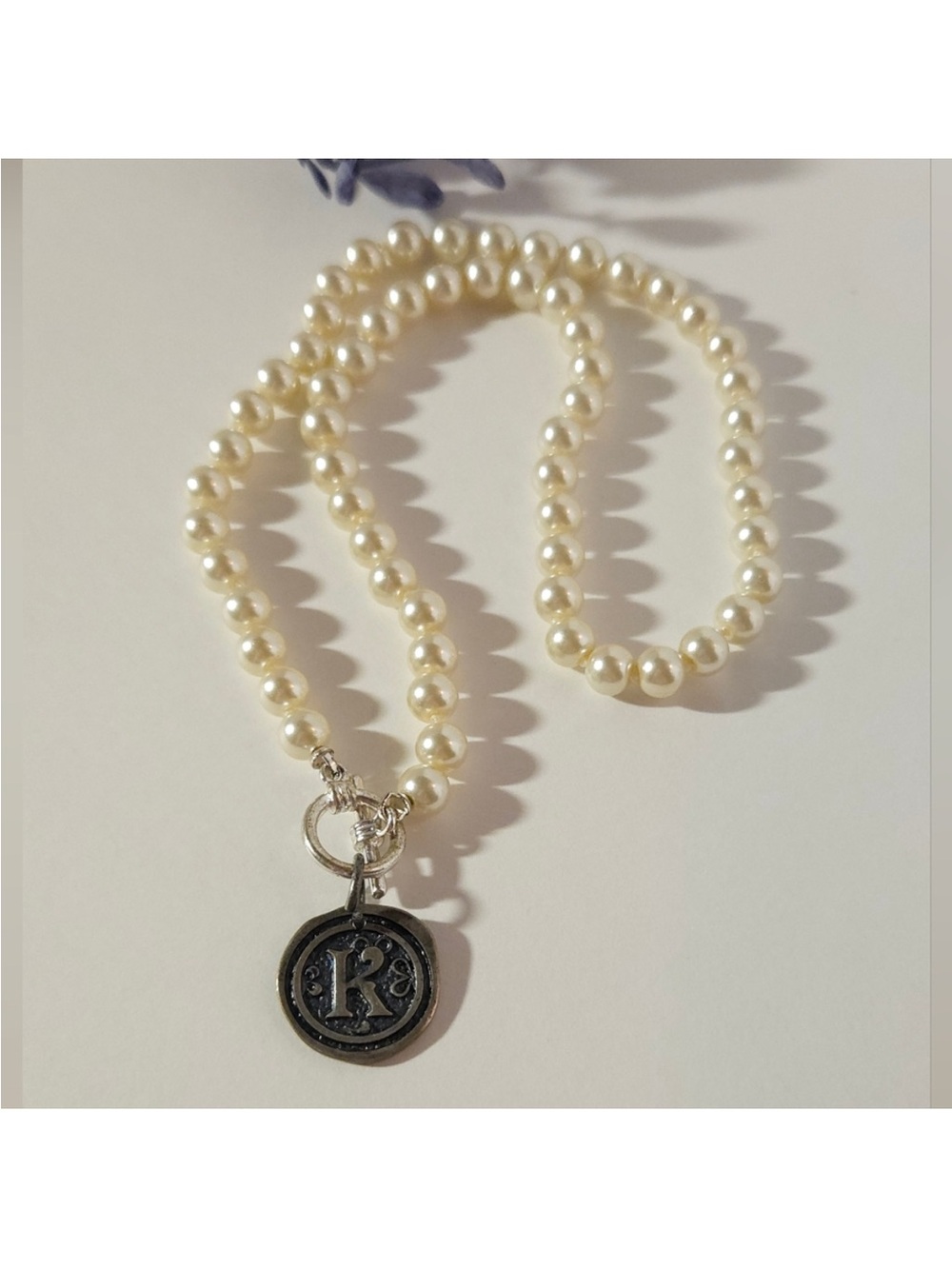 Hand Knotted 18” Faux Pearl Necklace with 'K' Charm Silver Toggle Closure - Picture 5 of 8
